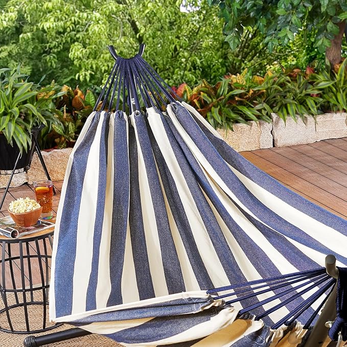 Hammock: Blue/White Cotton, Anti-Rollover Design, 660 lb Capacity