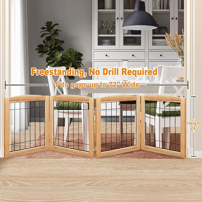 LZRS 4-Panel Extra-Wide Wooden Freestanding Dog Gate: Foldable Solid Wood and - Image 2