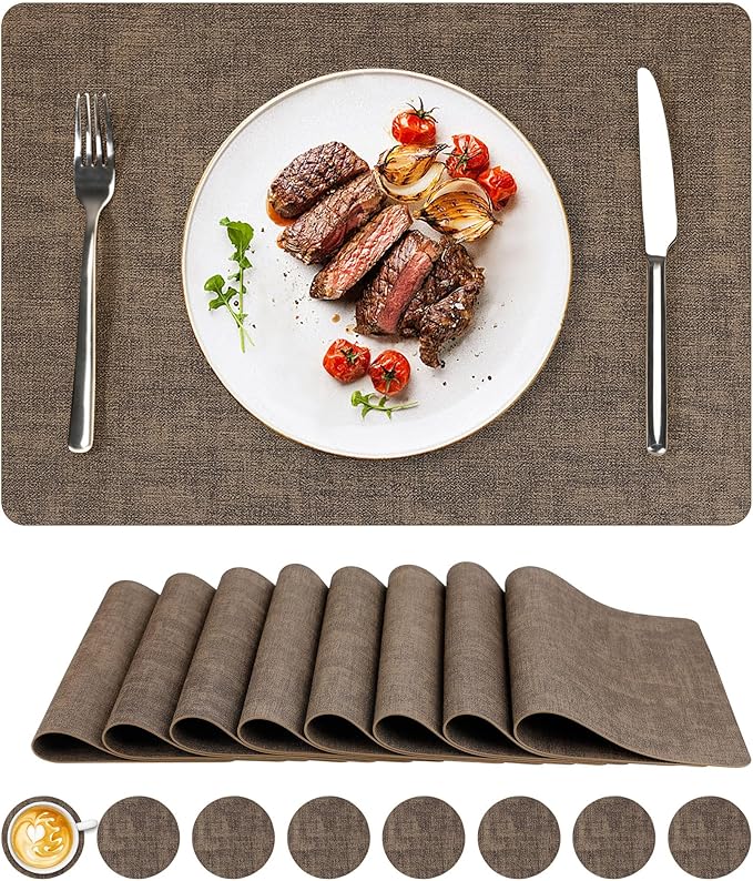 Vinyl Placemats Set of 8, Faux Leather Waterproof and Heat Resistant Place Mats by NCUE