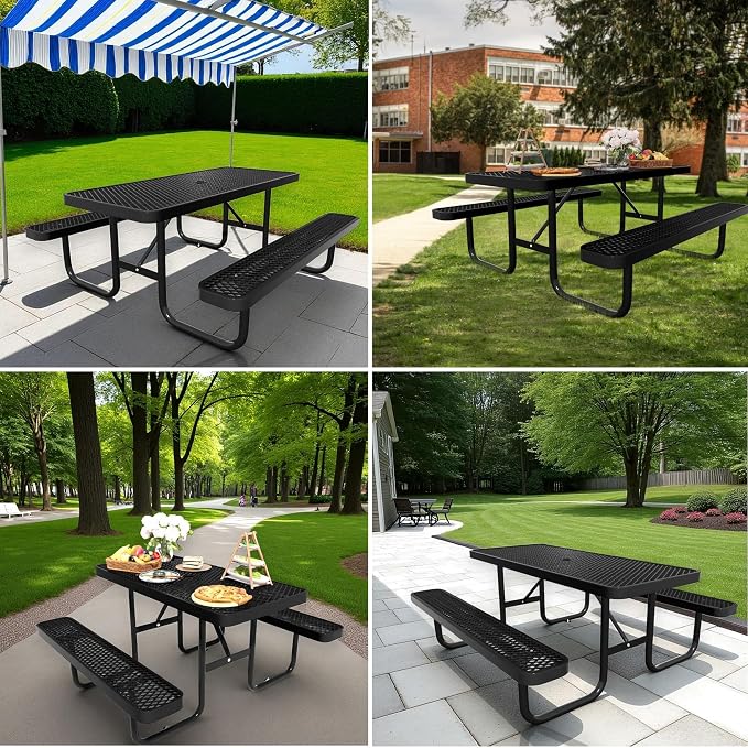 4FT Rectangular Steel Outdoor Picnic Table, Commercial Black Picnic Table Bench - Image 4