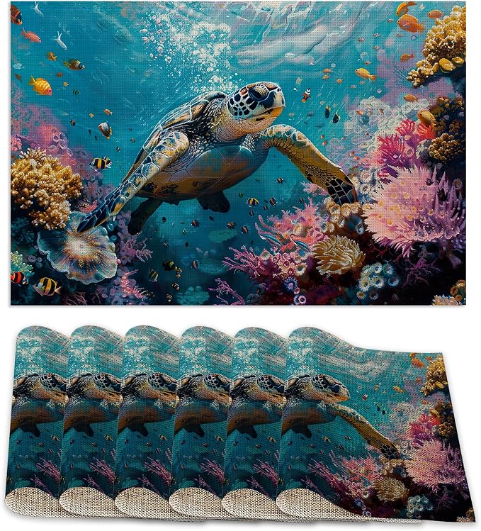 Sea Turtle Placemats Set of 6, Fish Coral Colorful Waterproof Non-Slip Washable by ZTHLL
