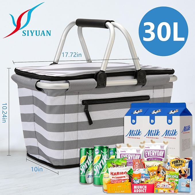 SIYUAN 30L Picnic Basket with Handles Leakproof Large Stripped Insulated Cooler - Image 2