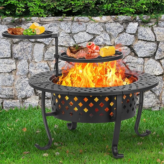 36 Inch Fire Pit with 2 BBQ Grills, Wood Burning Fire Pits by Panovue