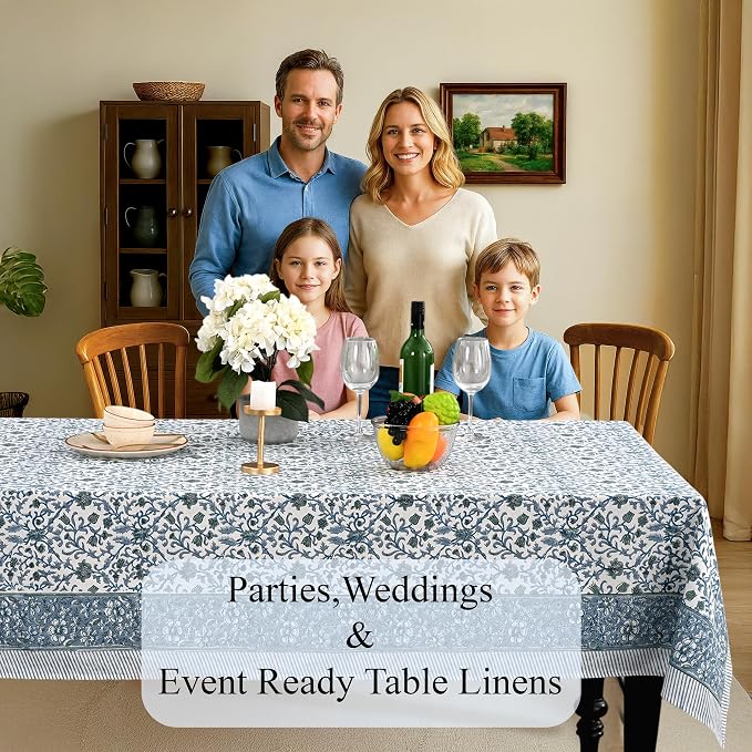 CPC Ocean Vine Tablecloth 100% Cotton 70x108 Inch Indian Block Print Rectangle - Image 3