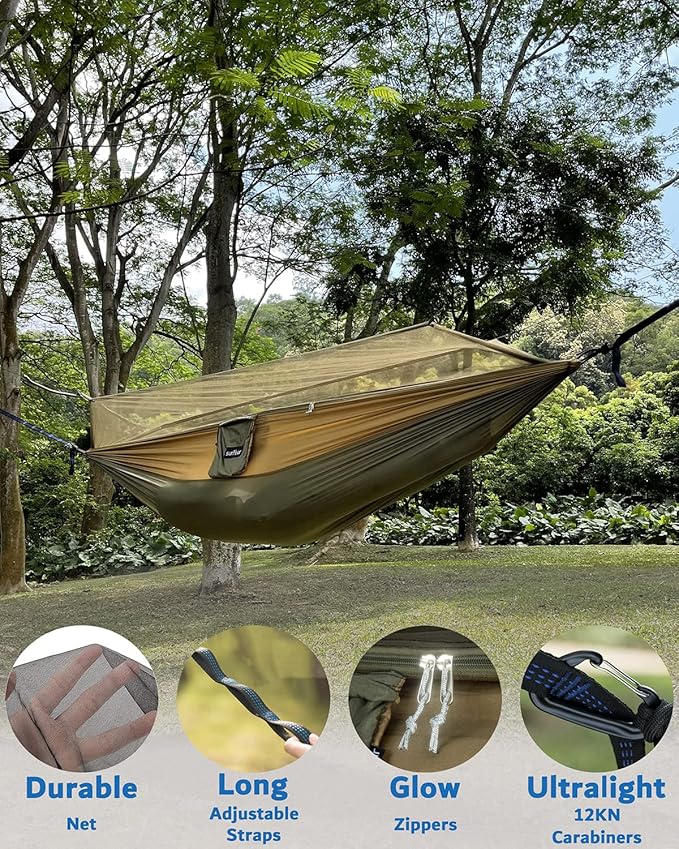 Camping Hammock with Rain Fly and Insect Net, Green Nylon Oxford