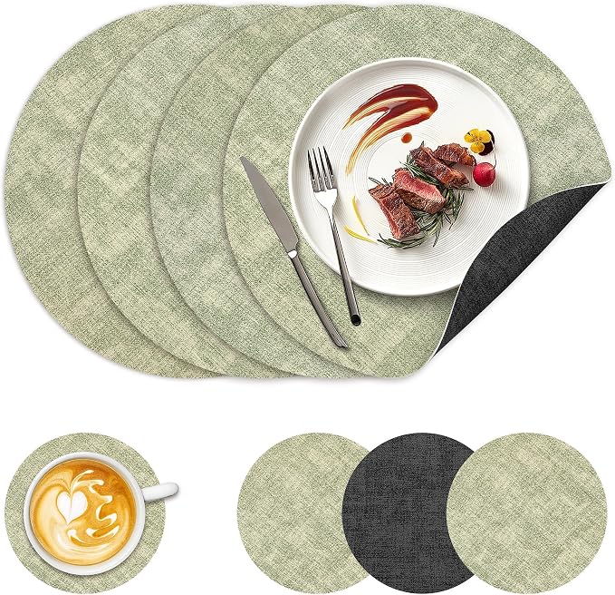 13" Round Placemats Set of 4, NCUE Dual-Sided Faux Leather Heat Resistant Table by NCUE