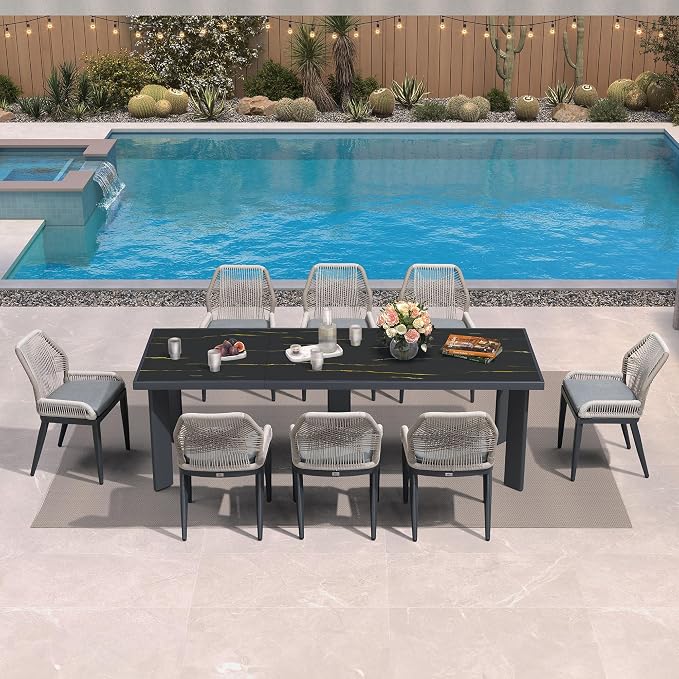 PURPLE LEAF 9 Pieces Patio Dining Set Aluminum Rectangular Table and Wicker by PURPLELEAF