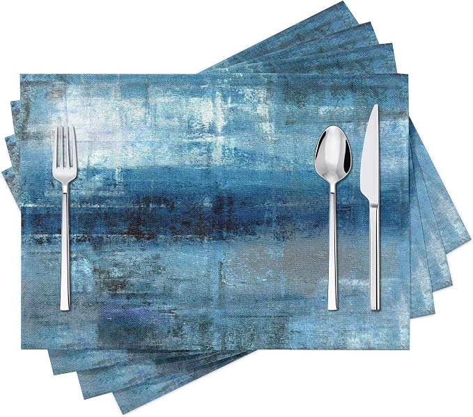 Modern Art Placemats Set of 4 Blue and Grey Abstract Painting Place Mats by Fjogymlea