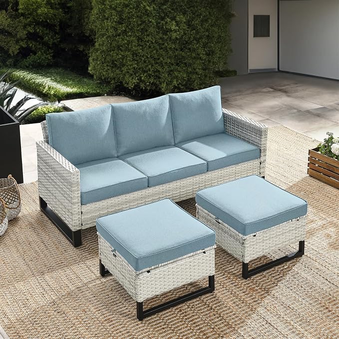 HUMMUH Outdoor Ottomans for Patio Set of 2 PE Wicker Outdoor Footstool - Image 4