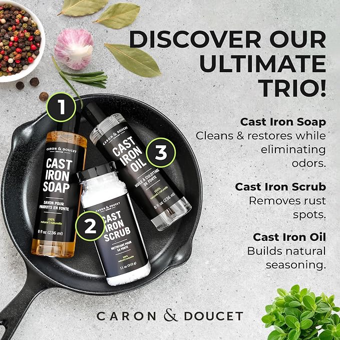 CARON & DOUCET - Ultimate Cast Iron Set: Seasoning Oil, Cleaning Soap & - Image 2