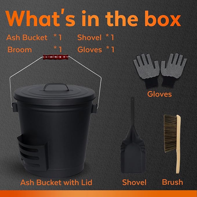 5.2 Gallon Ash Bucket with Lid and Shovel, Metal Fireplace Ash Bucket with Broom - Image 4