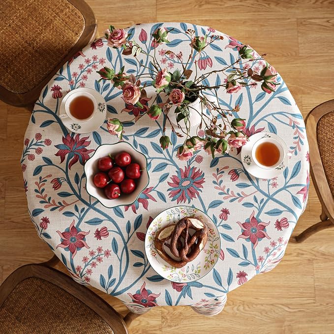Designer Linen Floral Small Round Tablecloth, Vintage William Morris Wrinkle - Image 3