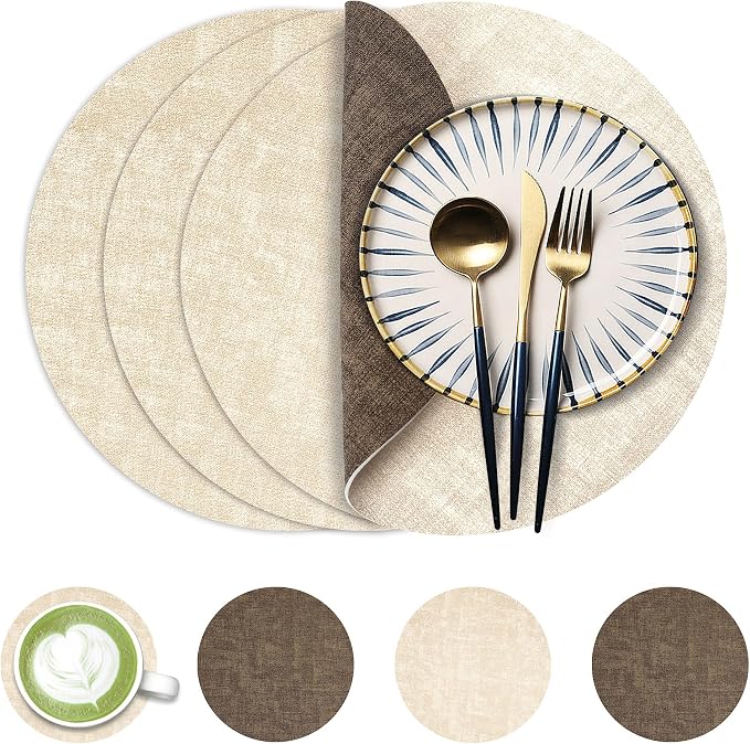 13-Inch Faux Leather Round Placemats Set of 4, Waterproof Anti-Slip Dual Sided by Fyvva
