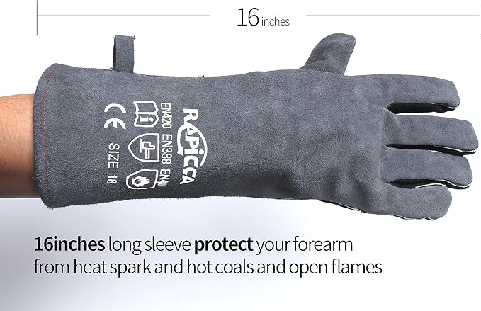 RAPICCA Fireplace Gloves Fire Heat Resistant: Grey 16IN 662℉- Fireproof Leather - Image 5