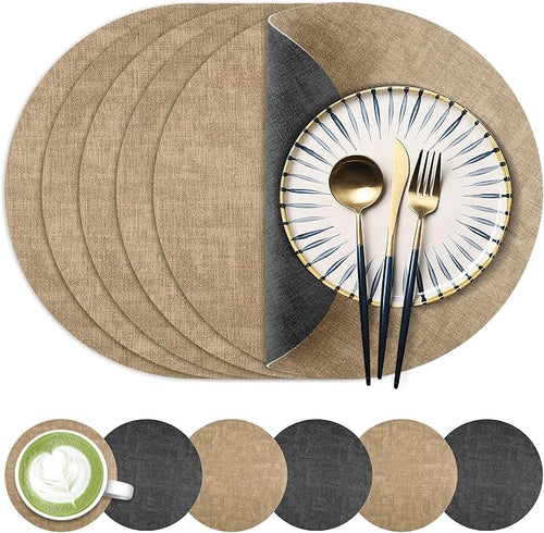 13-Inch Faux Leather Round Placemats Set of 6, Waterproof Anti-Slip Dual Sided by Fyvva