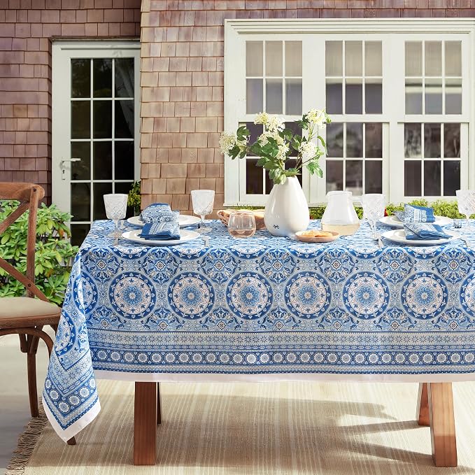 Elrene Home Fashions Vietri Medallion Blue Coastal Block Print Stain & Water - Image 3