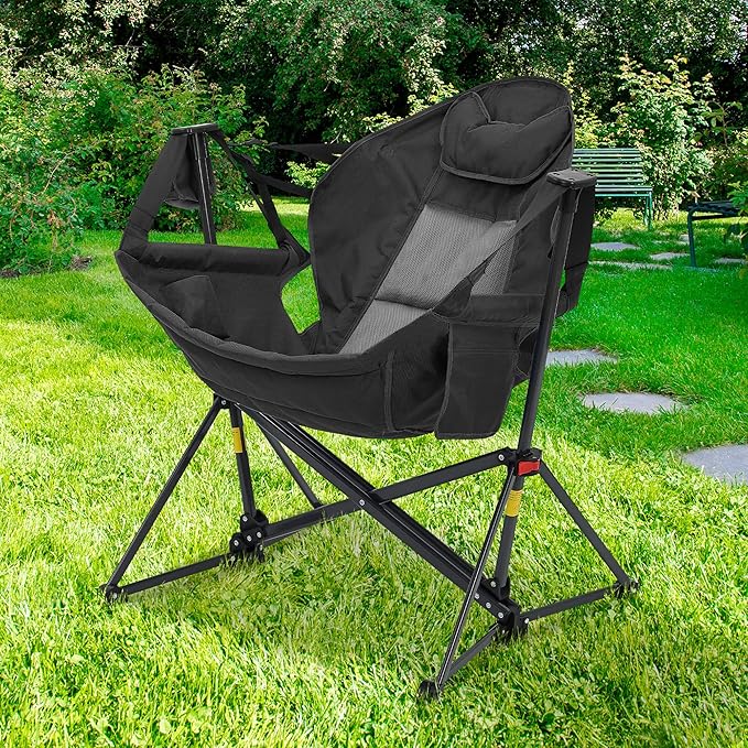 Camping Chair Hammock Rocker, Adjustable Recline, Black Polyester