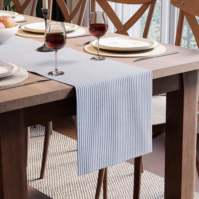 Encasa XO Cotton Dining Table Runner | Ticking Navy Blue | Size 13x94 in by EncasaXO