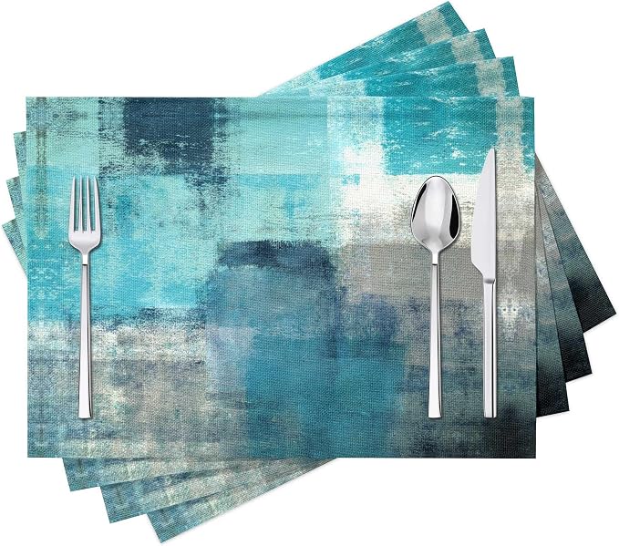 Modern Art Placemats Set of 4 Turquoise Abstract Painting Place Mats Washable by Fjogymlea