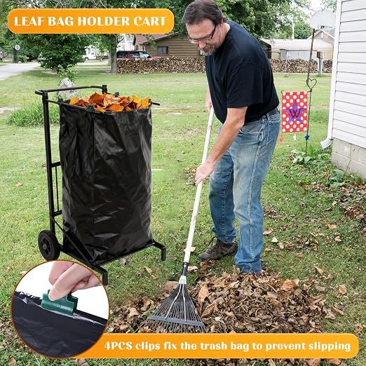 Trash Bag Holder with Wheels, Adjustable Metal Leaf Bag Holder with 4 Clips - Image 3