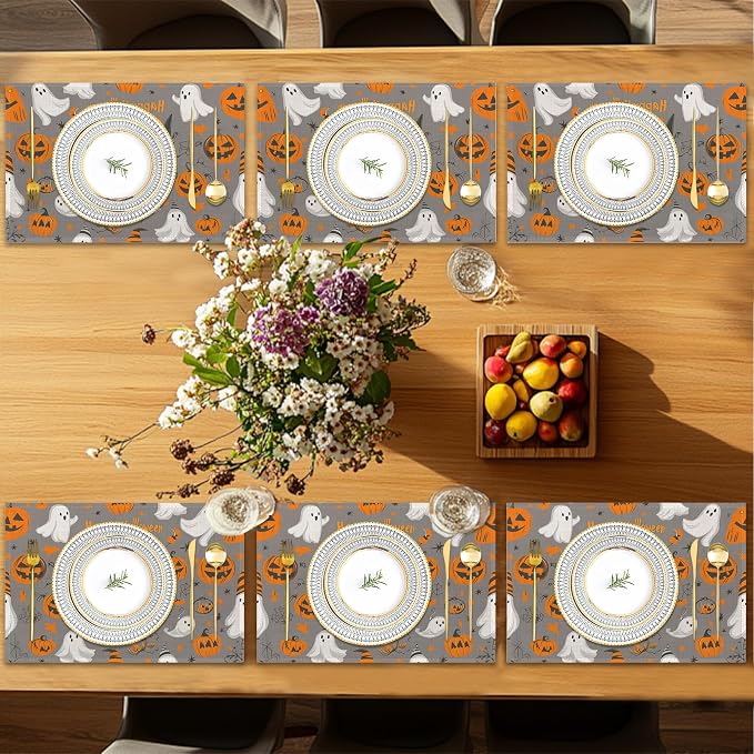 Placemats Set of 6, Pumpking Ghost Table Mats, Halloween Washable Linen Table - Image 7