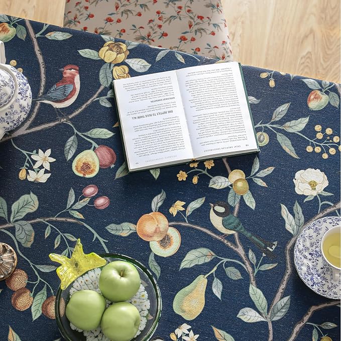 Linen Square Blue Tablecloth, Wrinkle Resistant French Vintage Tablecloth Print - Image 8