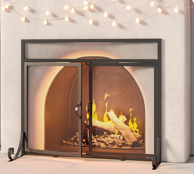 Flat Fireplace Screen with Doors, Solid Wrought Iron Frame with Metal Mesh - Image 2