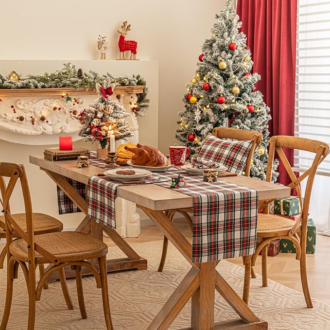 Red White Plaid Christmas Table Runner, Winter Holiday Table Runners 72 inches - Image 2
