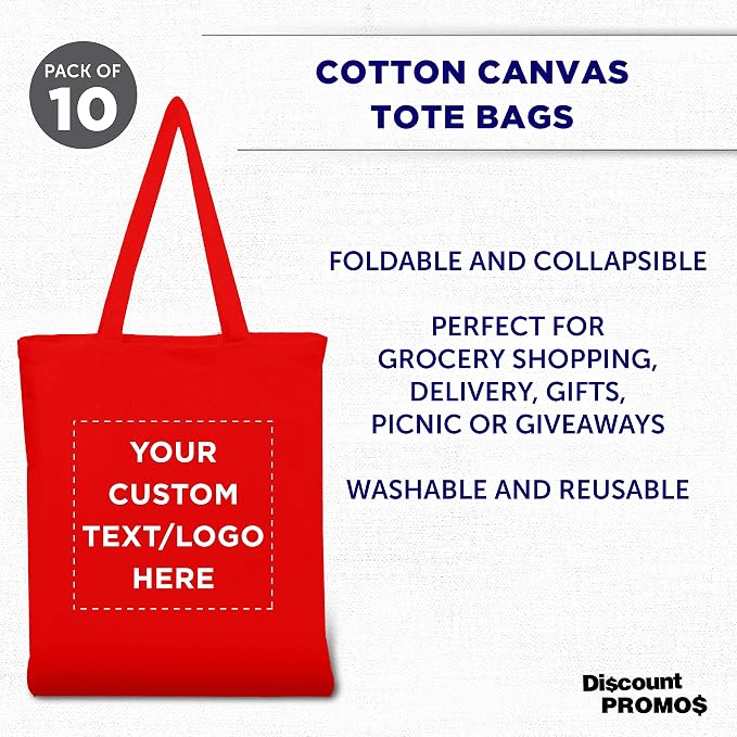 DISCOUNT PROMOS Custom Cotton Canvas Tote Bags Set of 10, Personalized Bulk Pack - Image 3