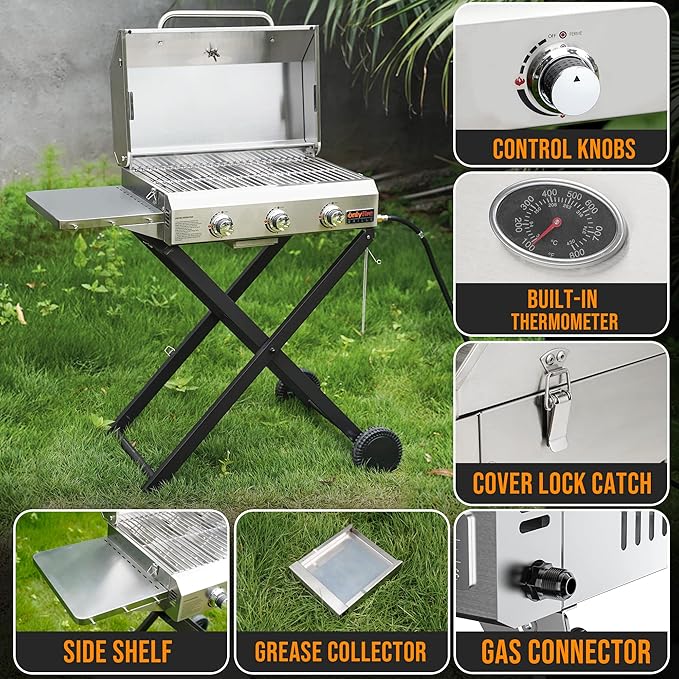 BBQ Gas Grill 3-Burner with Foldable Cart & Side Table, Portable Propane Grill - Image 3