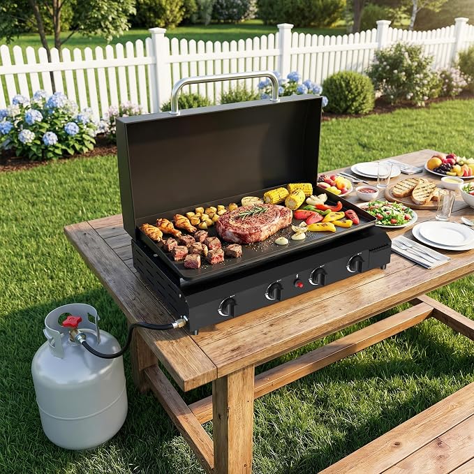 4 Burner BBQ Gas Griddle with Hood, 30 Inch Stainless Steel Portable Detachable - Image 2