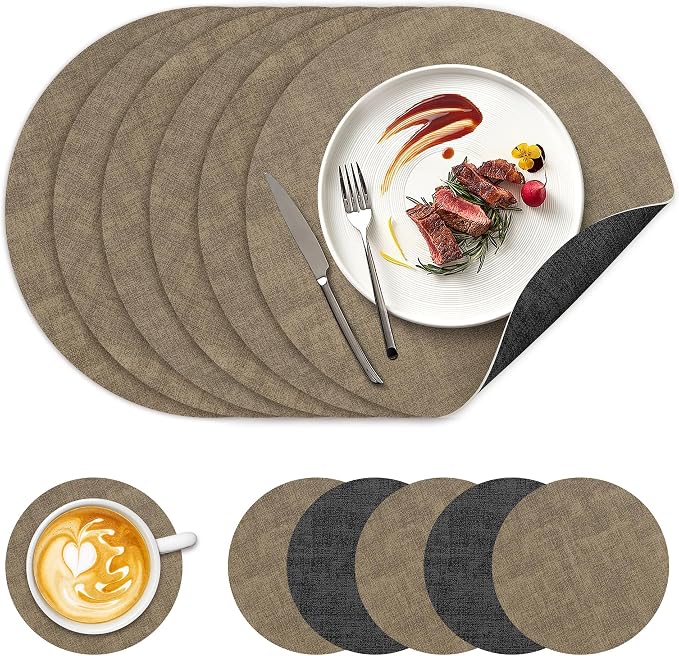 13" Round Placemats Set of 6, NCUE Dual-Sided Faux Leather Heat Resistant Table by NCUE