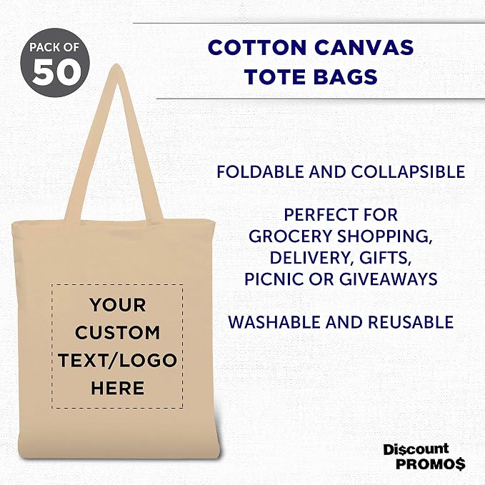 DISCOUNT PROMOS Custom Cotton Canvas Tote Bags Set of 50, Personalized Bulk Pack - Image 3