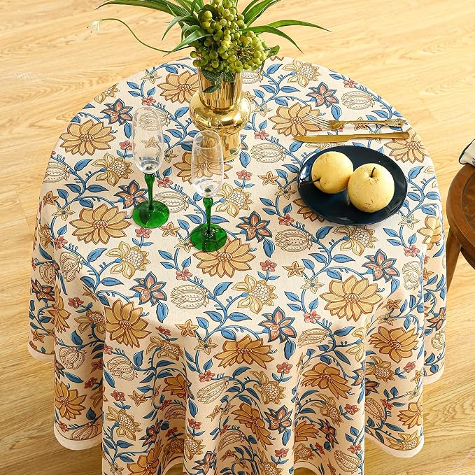 ISAENNE Designer Bohemian Floral Small Round Tablecloth, Linen Colorful Table - Image 3