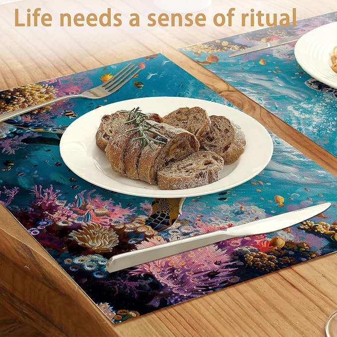 Sea Turtle Placemats Set of 6, Fish Coral Colorful Waterproof Non-Slip Washable - Image 2