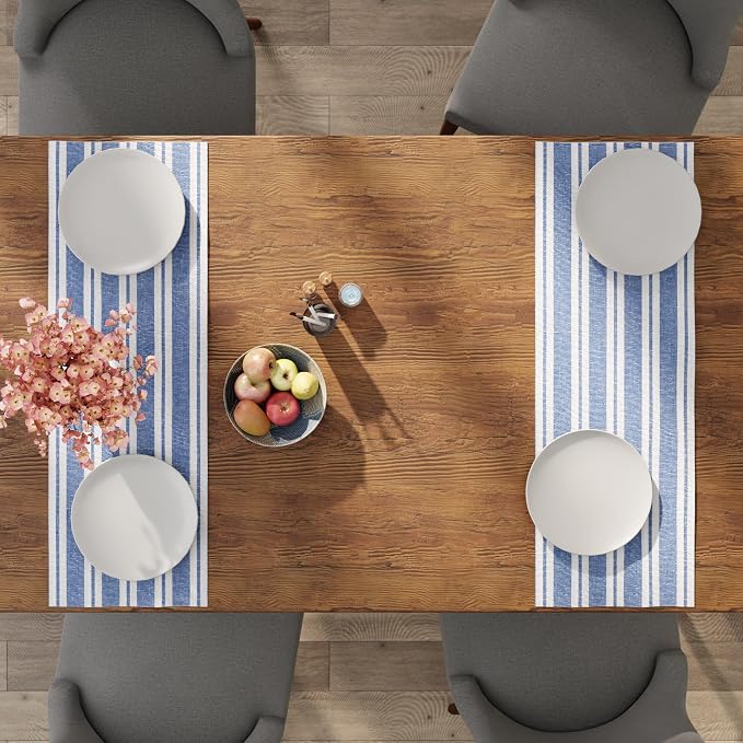 Encasa XO Cotton Dining Table Runner | Franca Blue Stripes | Size 13x36 in - Image 5