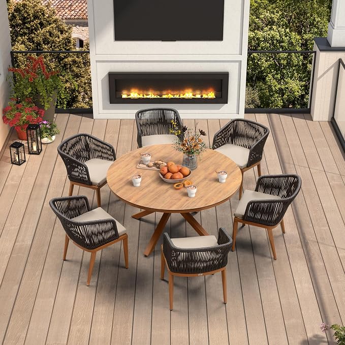 PURPLE LEAF 7 Pieces Round Outdoor Dining Set Outdoor Dining Table and Chairs by PURPLELEAF