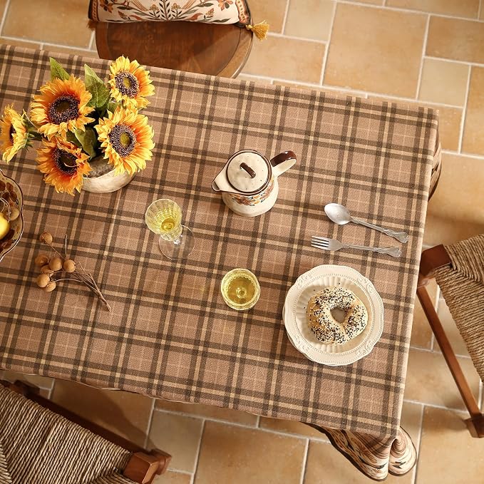 Vintage Brown Checkered Small Rectangle Tablecloth, Italian Floral Linen - Image 4