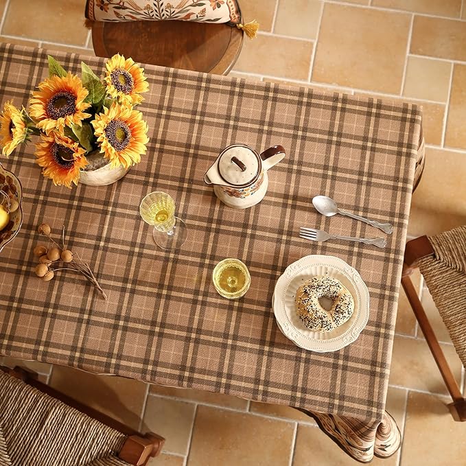 Vintage Brown Checkered Small Square Tablecloth, Italian Style Soft Linen - Image 4