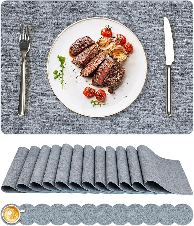 Vinyl Placemats Set of 12, Faux Leather Waterproof and Heat Resistant Place Mats by NCUE