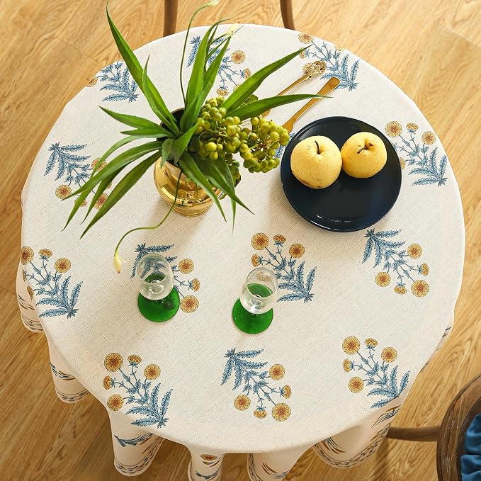 ISAENNE Designer French Pale Yellow Small Round Tablecloth, Linen Floral Table - Image 9