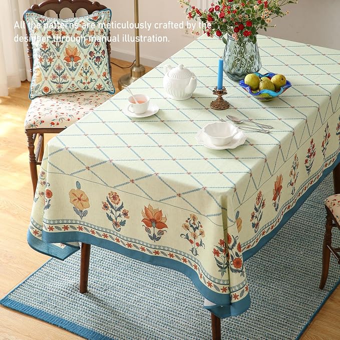 ISAENNE Designer Linen Floral Rectangular Tablecloth, Light Green Farmhouse - Image 8