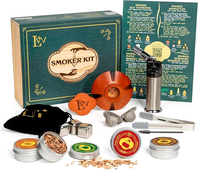 Whiskey Smoker Kit with Torch – Natural Wood Box, 2 Metal Filters, Whiskey by LeosWill
