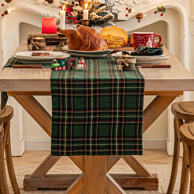 Green Yellow Plaid Christmas Table Runner, Winter Holiday Table Runners 72 by AQOTHES
