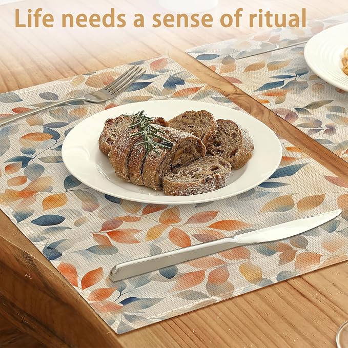 Placemats Set of 6, Autumn Leaves Table Mats, Fall Colorful Washable Linen - Image 2