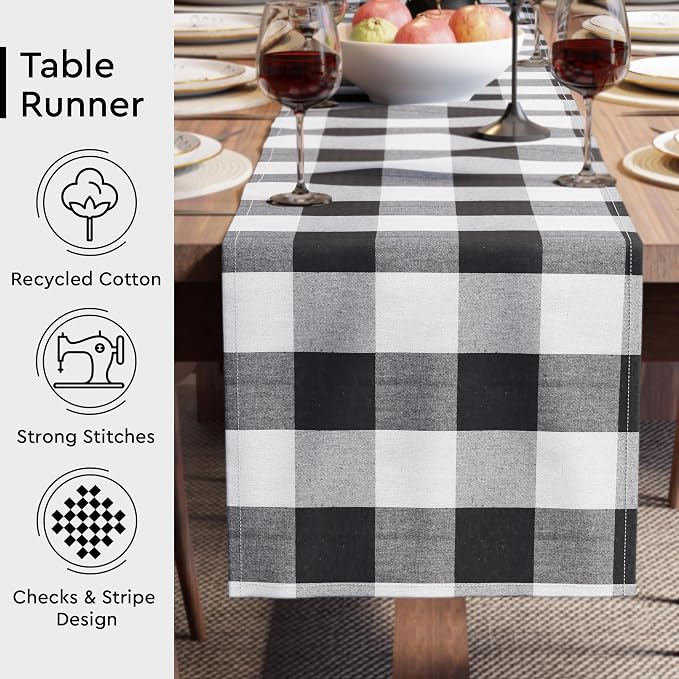 Encasa XO Cotton Dining Table Runner | Buffalo Black Checks | Size 13x120 in - Image 3