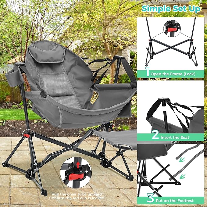 Camping Chair with Adjustable Recline and Detachable Footrest, Dark Grey