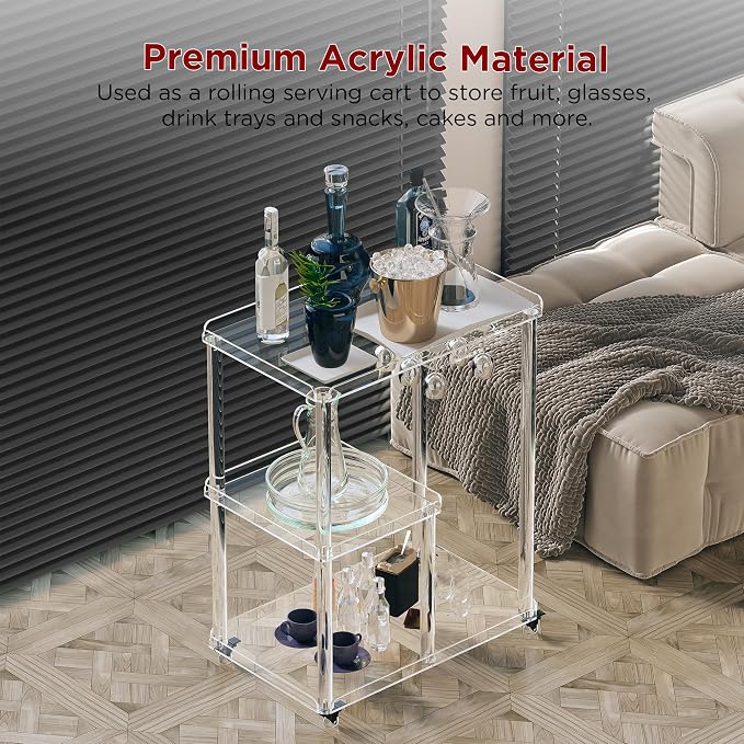 Dethan Acrylic Bar Cart with Lockable Wheels, 3 Tier Clear Serving Cart with - Image 6
