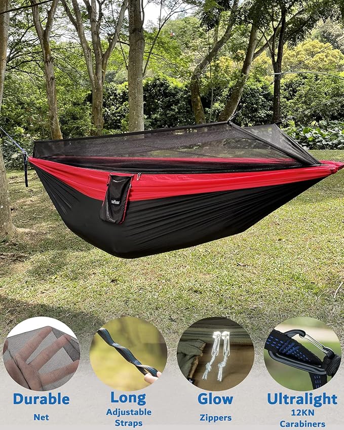 Hammock with Rain Fly and Insect Net, 118 x 78 in, Red/Black