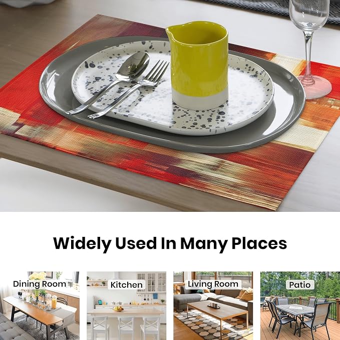 Modern Art Placemats Set of 4 Red Abstract Painting Place Mats Washable Linen - Image 5